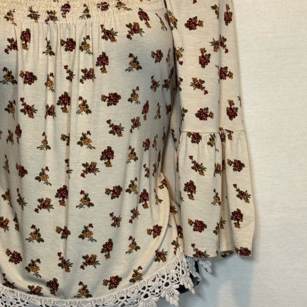 G-109 Urban Girl Cream Red & Orange Floral Lace Trim 1/2 Sleeve Blouse Size S - Picture 3 of 15
